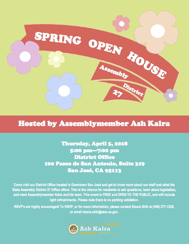 Assemblyman Kalra Spring Open House graphic