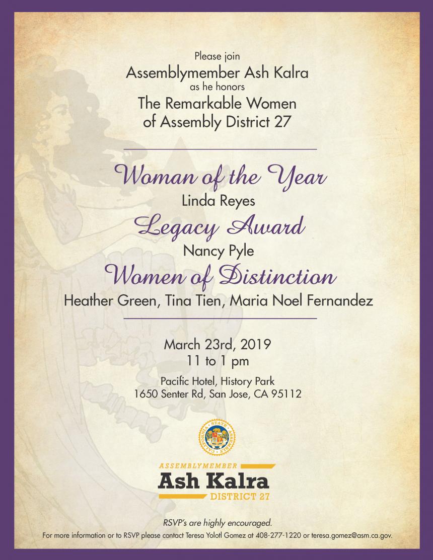 Assemblyman Kalra's Women's History Month Celebration flyer