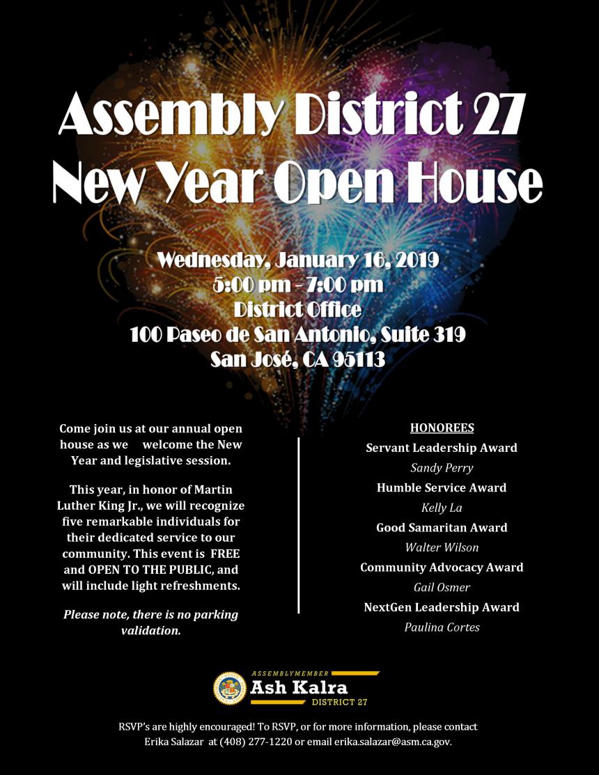 Assemblymember Kalra 2019 District Office Open House invitation jpg graphic
