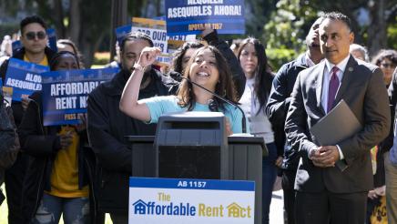Guest speaking (Astrid Morales) at AB 1157 Affordable Rent Act Press Conference