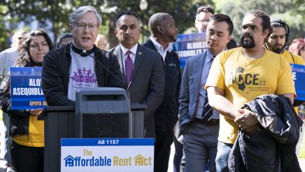 Guest speaking (Father Jon Pedigo) at AB 1157 Affordable Rent Act Press Conference