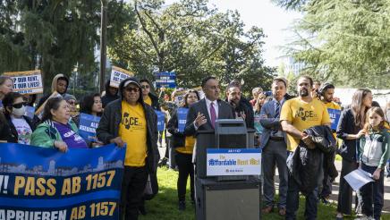 Kalra with guests speaking at AB 1157 Affordable Rent Act Press Conference