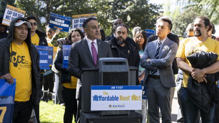 Kalra with guests speaking at AB 1157 Affordable Rent Act Press Conference