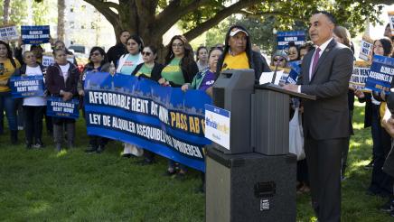 Kalra with guests speaking at AB 1157 Affordable Rent Act Press Conference