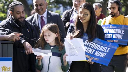 Asm. Kalra and guests (Scout Huang Concannon) speaking at AB 1157 Affordable Rent Act Press Conference
