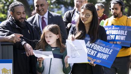 Asm. Kalra and guests (Scout Huang Concannon) speaking at AB 1157 Affordable Rent Act Press Conference